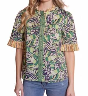 NEW VOY ruffled multi print button down top in green